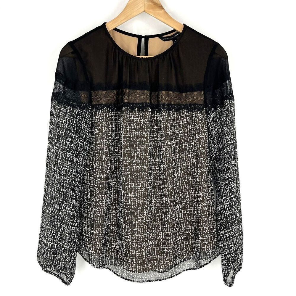 White House Black Market Top Size 0 Black Sheer Yoke Printed Blouse Long Sleeve